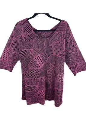 C.O.C. Women's Pink Black Open Knit Crochet 3/4 Sleeve‎ Top